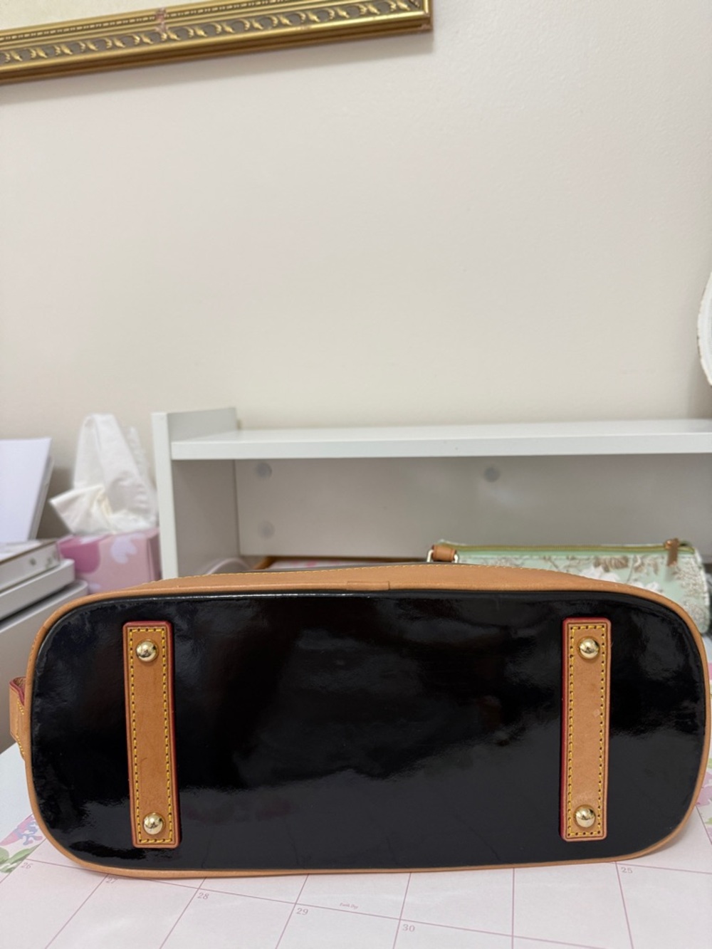 Dooney & Bourke Black Patent Satchel with Tan Trim - Picture 6 of 10